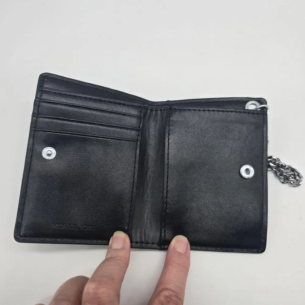 Michael Kors Parfums Faux Leather Wallet ID Card Holder Silver Tone Chain Black